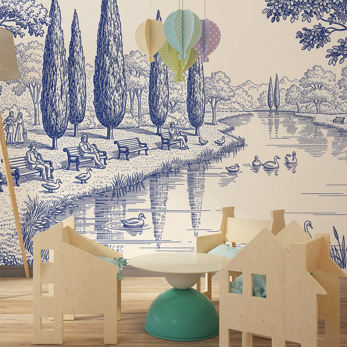 Papel pintado infantil | Escena tranquila de parque con patos y cisnes