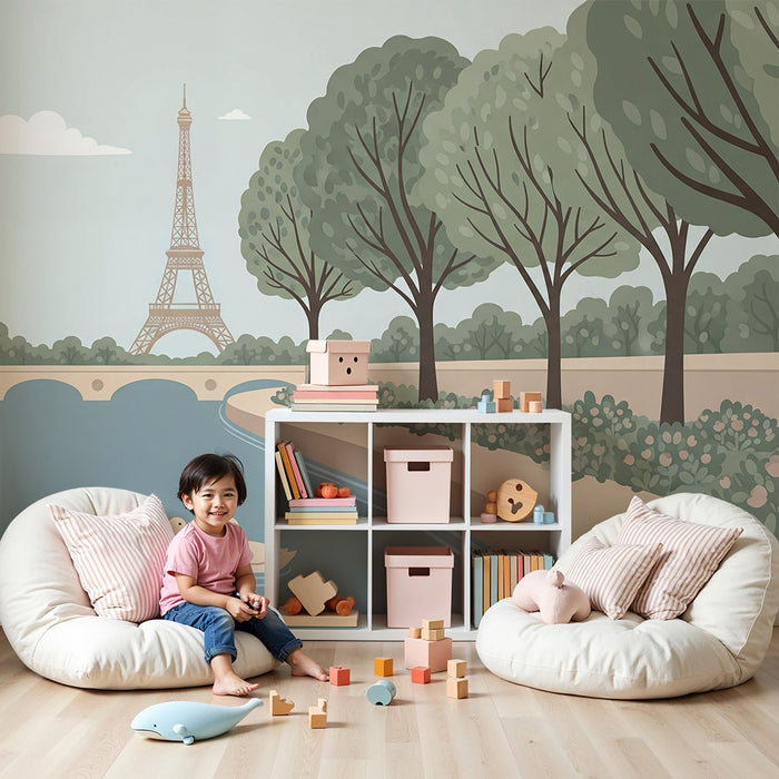 Carta da parati per cameretta dei bambini | Scena tranquilla di Parigi con la Torre Eiffel e anatre