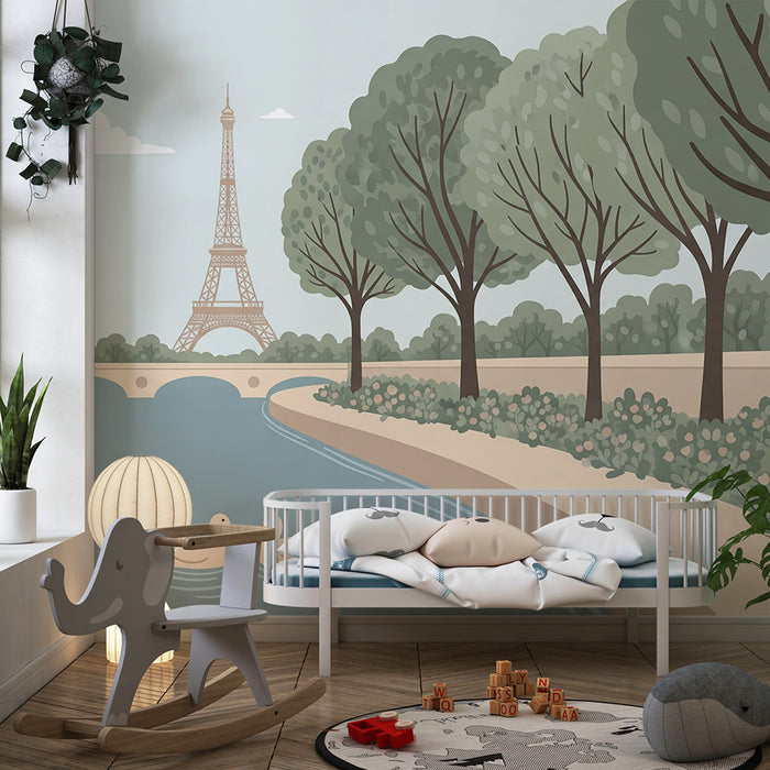 Carta da parati per cameretta dei bambini | Scena tranquilla di Parigi con la Torre Eiffel e anatre