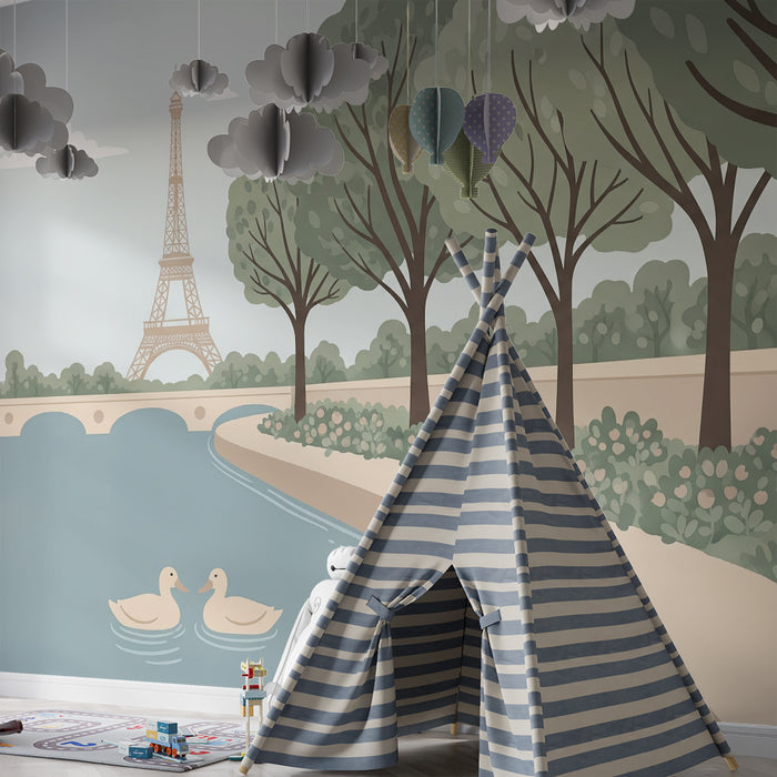 Carta da parati per cameretta dei bambini | Scena tranquilla di Parigi con la Torre Eiffel e anatre