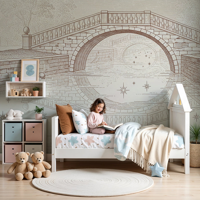 **Papier peint chambre enfant | Scène paisible de pont et de rivière avec étoiles scintillantes**

Barneveggpapir | Fredfull bro- og elvescene med glitrende stjerner