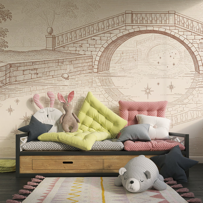 **Papier peint chambre enfant | Scène paisible de pont et de rivière avec étoiles scintillantes**

Barneveggpapir | Fredfull bro- og elvescene med glitrende stjerner