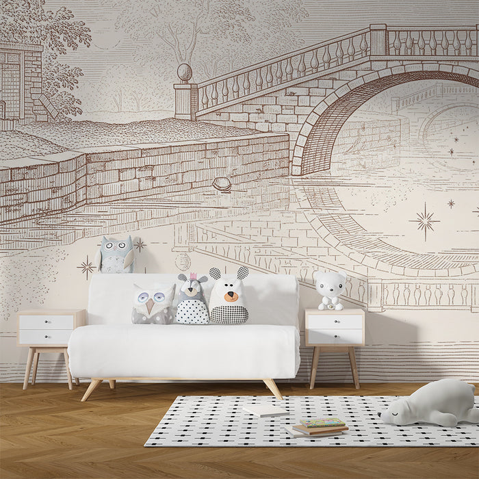 **Papier peint chambre enfant | Scène paisible de pont et de rivière avec étoiles scintillantes**

Barneveggpapir | Fredfull bro- og elvescene med glitrende stjerner