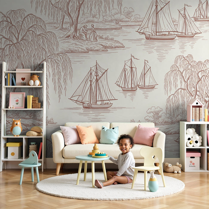 Children's bedroom wallpaper | Peaceful scene of sailboats and willows by the water