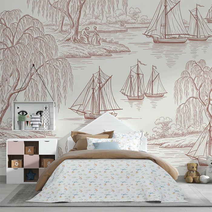 Children's bedroom wallpaper | Peaceful scene of sailboats and willows by the water