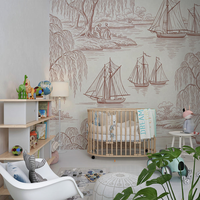 Children's bedroom wallpaper | Peaceful scene of sailboats and willows by the water