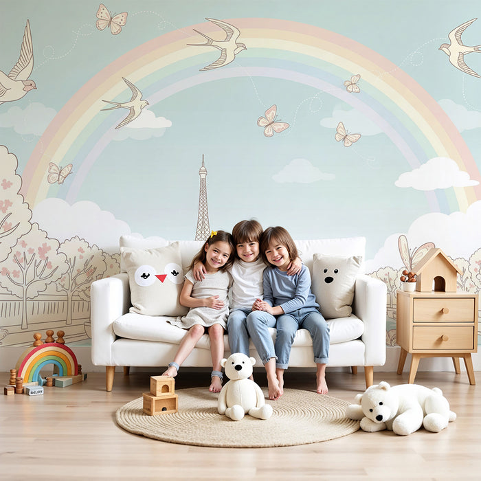 Carta da parati per camera bambini | Scena parigina con arcobaleno, uccelli e farfalle