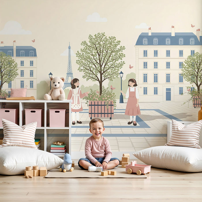 Børnetapet | Paris-scene med børn og blomstrende træer