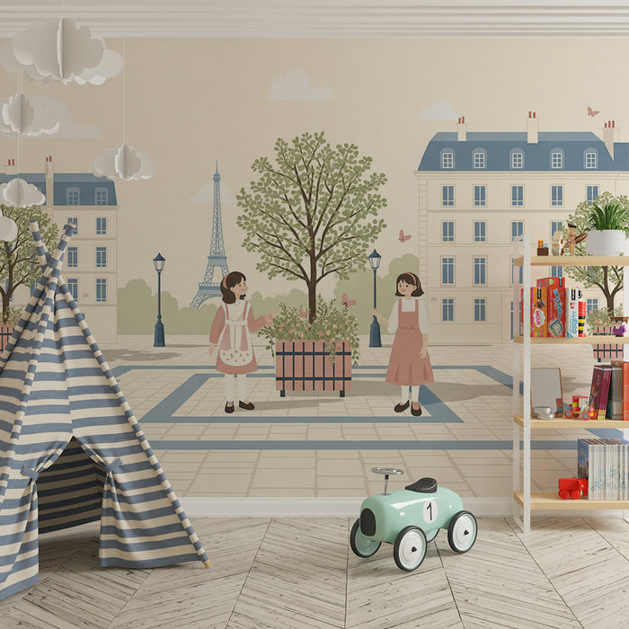 Børnetapet | Paris-scene med børn og blomstrende træer
