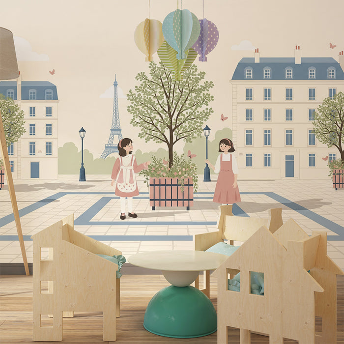 Børnetapet | Paris-scene med børn og blomstrende træer
