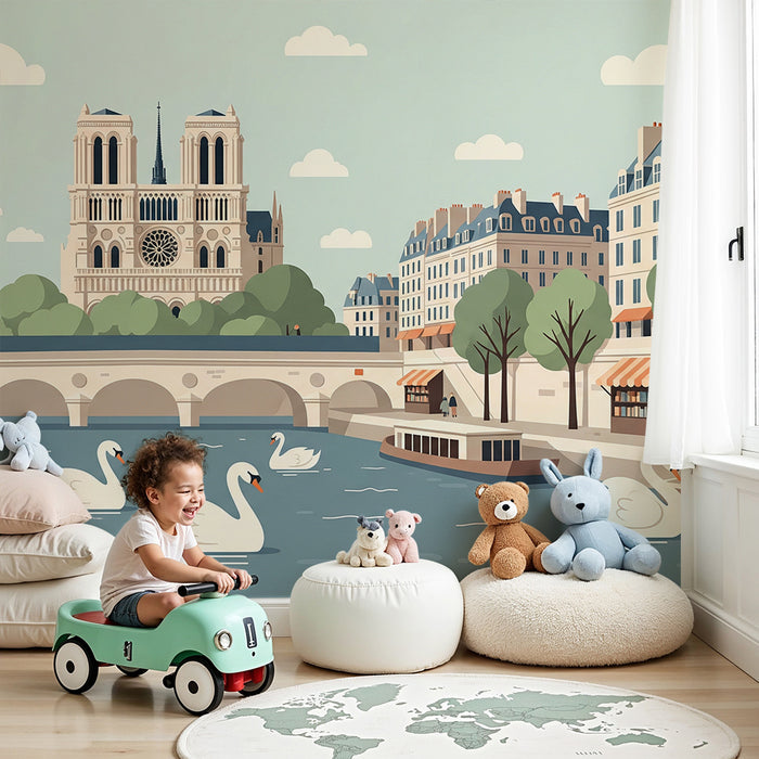 Papier peint chambre enfant | Scène parisienne avec la cathédrale et des cygnes sur la Seine