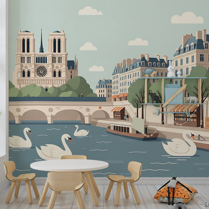 Papier peint chambre enfant | Scène parisienne avec la cathédrale et des cygnes sur la Seine