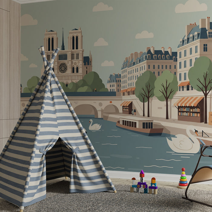 Papier peint chambre enfant | Scène parisienne avec la cathédrale et des cygnes sur la Seine