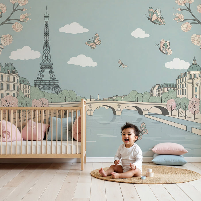 Tapete Kinderzimmer | Pariser Szene mit dem Eiffelturm und bunten Vögeln