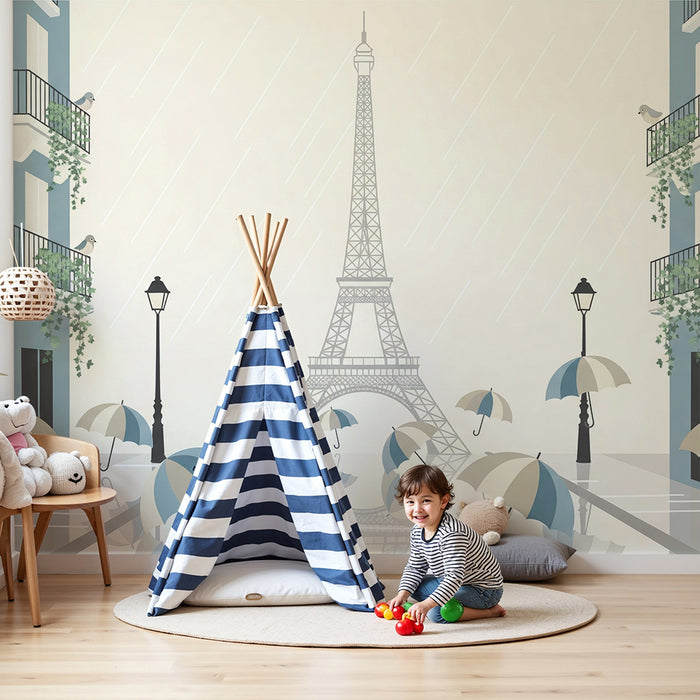 Tapet pentru camera copiilor | Scenă pariziană sub ploaie cu Turnul Eiffel