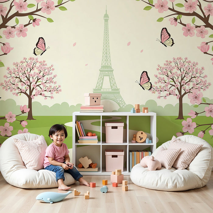 Children's bedroom wallpaper | Spring scene with the Eiffel Tower, birds, and cherry blossoms