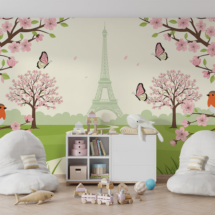 Children's bedroom wallpaper | Spring scene with the Eiffel Tower, birds, and cherry blossoms