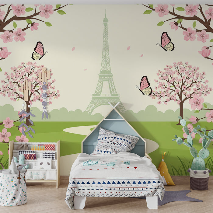Children's bedroom wallpaper | Spring scene with the Eiffel Tower, birds, and cherry blossoms