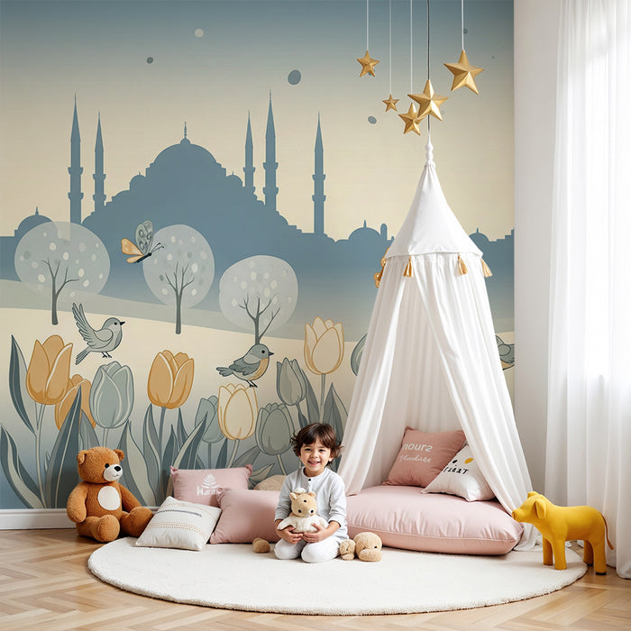 Papier peint chambre enfant | Scène printanière avec oiseaux et tulipes colorées