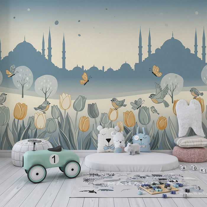 Papier peint chambre enfant | Scène printanière avec oiseaux et tulipes colorées