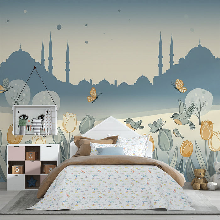 Papier peint chambre enfant | Scène printanière avec oiseaux et tulipes colorées