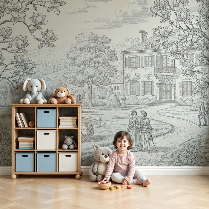 Papier peint chambre enfant | Scène romantique de jardin avec magnolias et personnages historiques