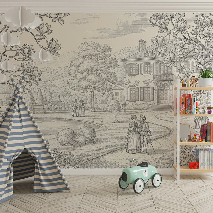 Papier peint chambre enfant | Scène romantique de jardin avec magnolias et personnages historiques