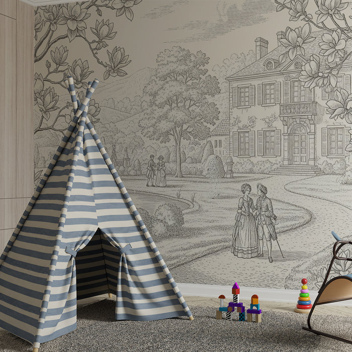 Papier peint chambre enfant | Scène romantique de jardin avec magnolias et personnages historiques