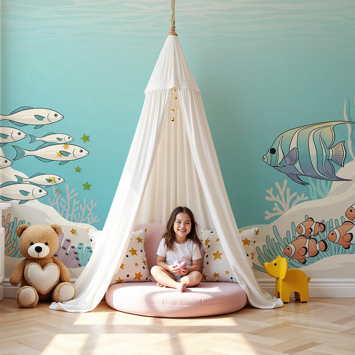 Kinderzimmer-Tapete | Tropische Unterwasserwelt mit bunten Fischen und Korallen