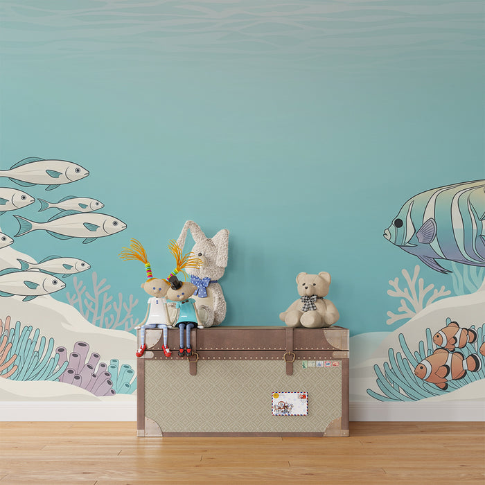 Kinderzimmer-Tapete | Tropische Unterwasserwelt mit bunten Fischen und Korallen