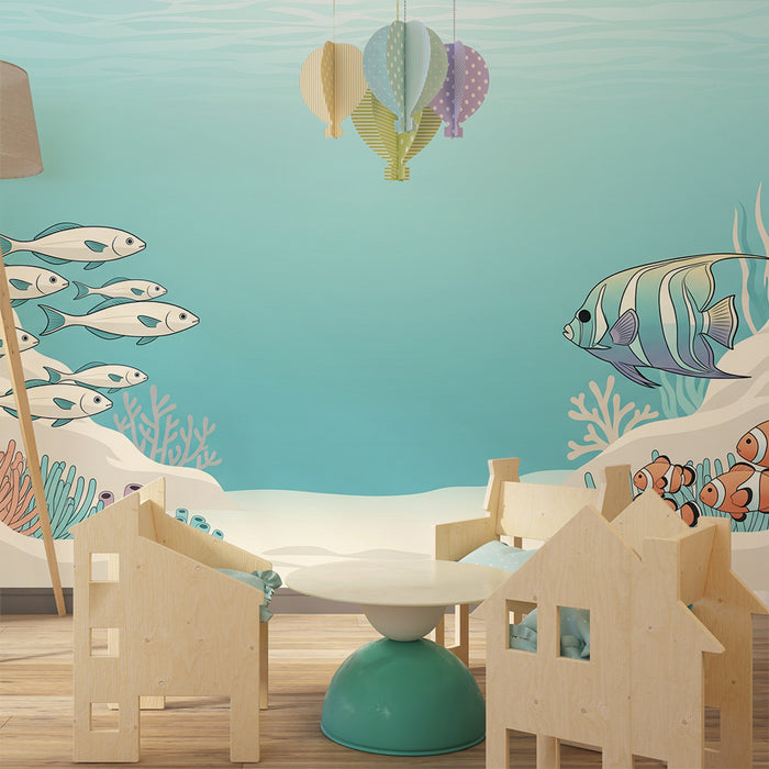 Kinderzimmer-Tapete | Tropische Unterwasserwelt mit bunten Fischen und Korallen
