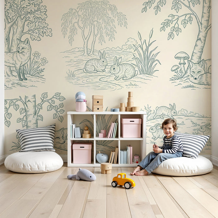 Papel de parede infantil | Cenas da floresta com raposas e coelhos