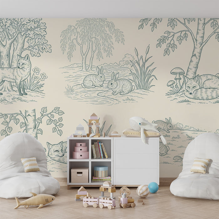 Papel de parede infantil | Cenas da floresta com raposas e coelhos