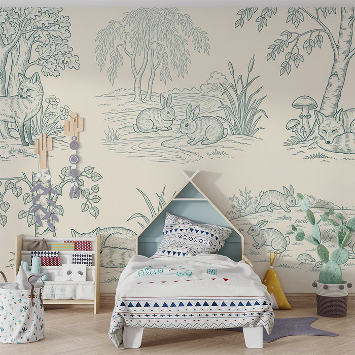 Papel de parede infantil | Cenas da floresta com raposas e coelhos