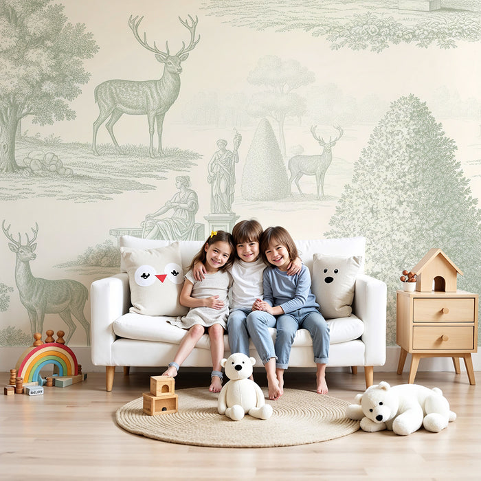 Papel pintado infantil | Escenas naturales con ciervos y estatuas elegantes