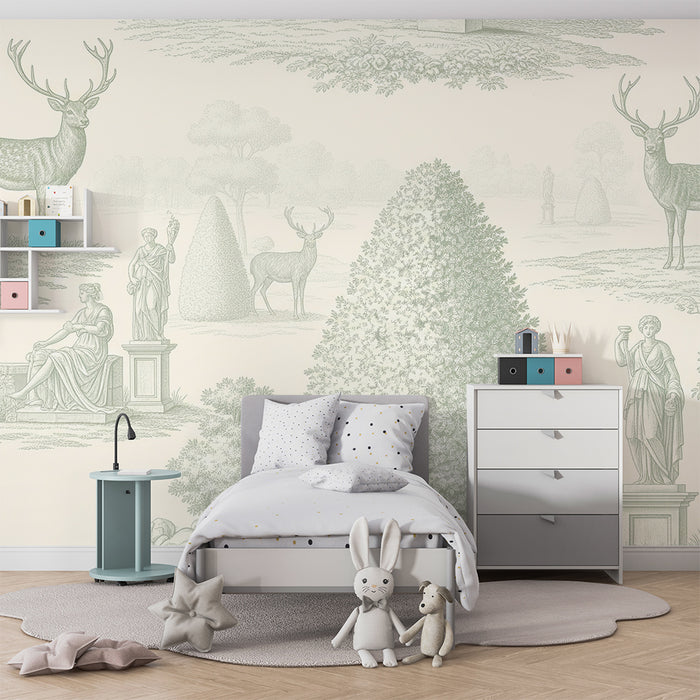 Papel pintado infantil | Escenas naturales con ciervos y estatuas elegantes