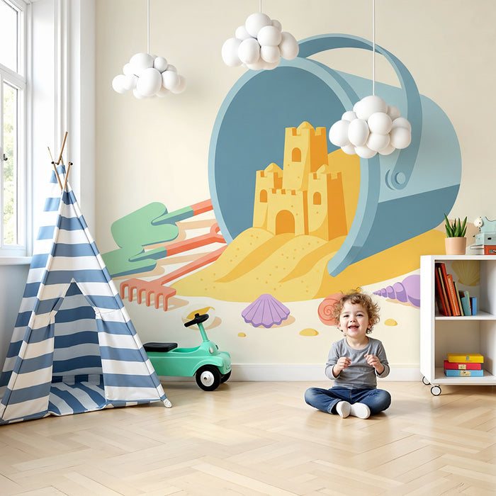 Carta da parati bambini | Secchio di sabbia e castello di sabbia colorato sulla spiaggia