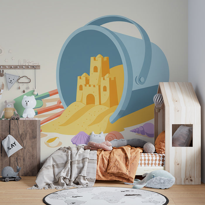Carta da parati bambini | Secchio di sabbia e castello di sabbia colorato sulla spiaggia