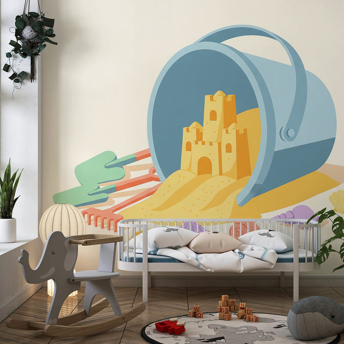 Carta da parati bambini | Secchio di sabbia e castello di sabbia colorato sulla spiaggia