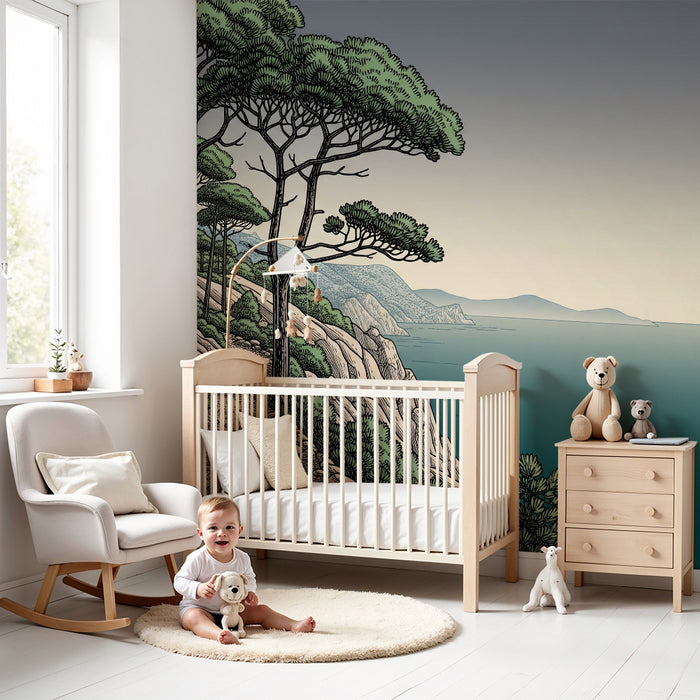 Papel pintado infantil | Sendero costero y mar tranquilo bajo un cielo suave