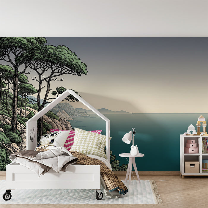 Papel pintado infantil | Sendero costero y mar tranquilo bajo un cielo suave