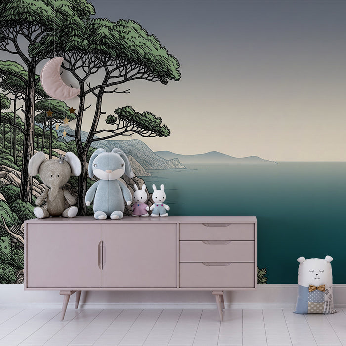Papel pintado infantil | Sendero costero y mar tranquilo bajo un cielo suave