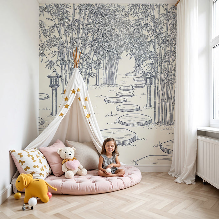 Kinderkamerbehang | Bamboepad met lantaarns en stenen
