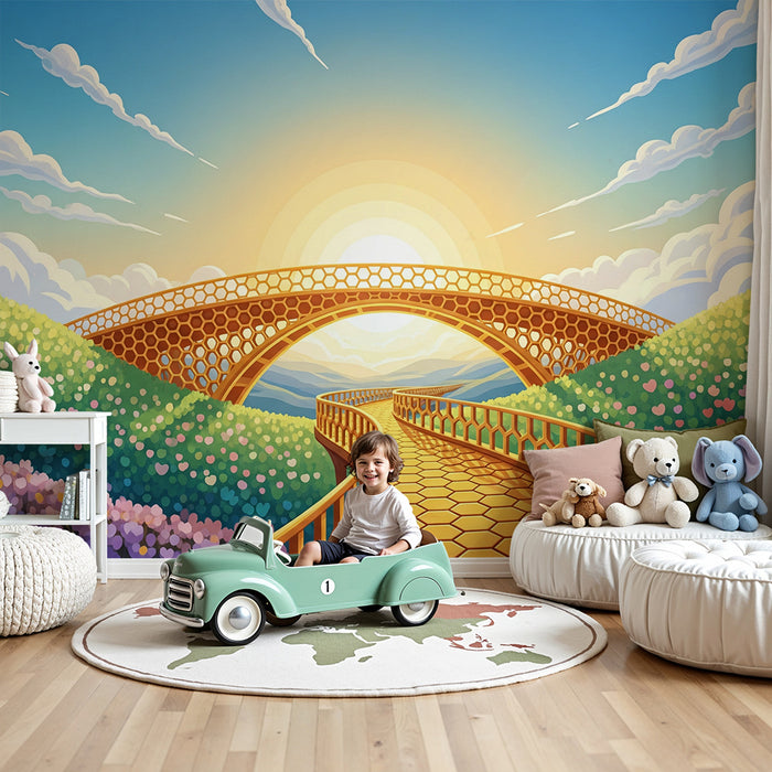 Papel de parede infantil | Caminho ensolarado com uma ponte dourada e flores coloridas