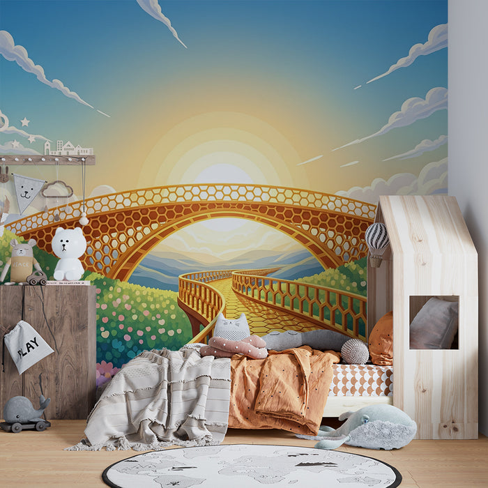 Papel de parede infantil | Caminho ensolarado com uma ponte dourada e flores coloridas