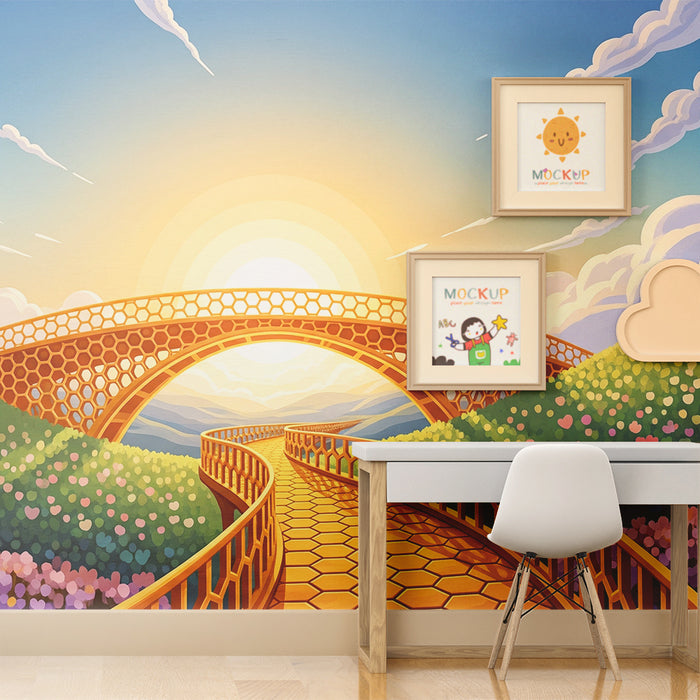 Papel de parede infantil | Caminho ensolarado com uma ponte dourada e flores coloridas