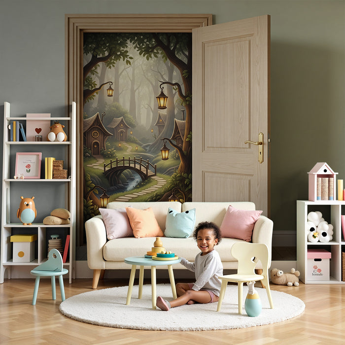 Behang kinderkamer | Sprookjesachtig pad met huisjes en lantaarns in het bos