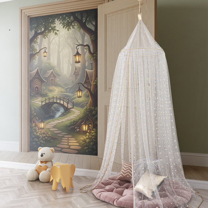 Behang kinderkamer | Sprookjesachtig pad met huisjes en lantaarns in het bos