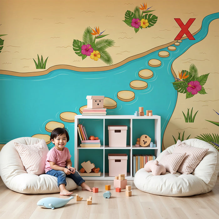 Papier peint chambre enfant | Sentier tropical avec fleurs et rivière turquoise