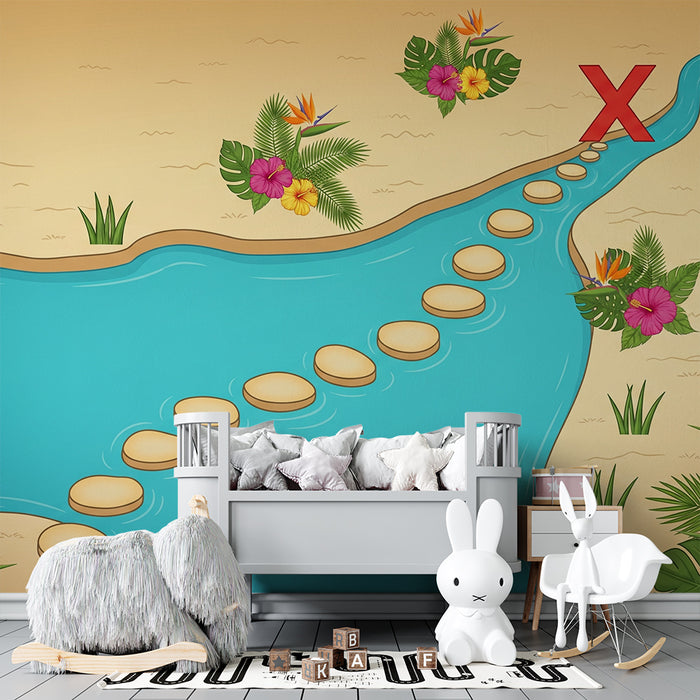 Papier peint chambre enfant | Sentier tropical avec fleurs et rivière turquoise